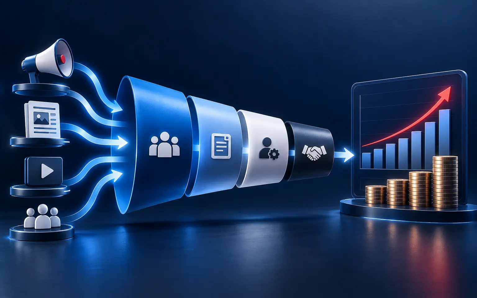 Connected full-funnel performance marketing system linking media, content, audiences, sales and revenue
