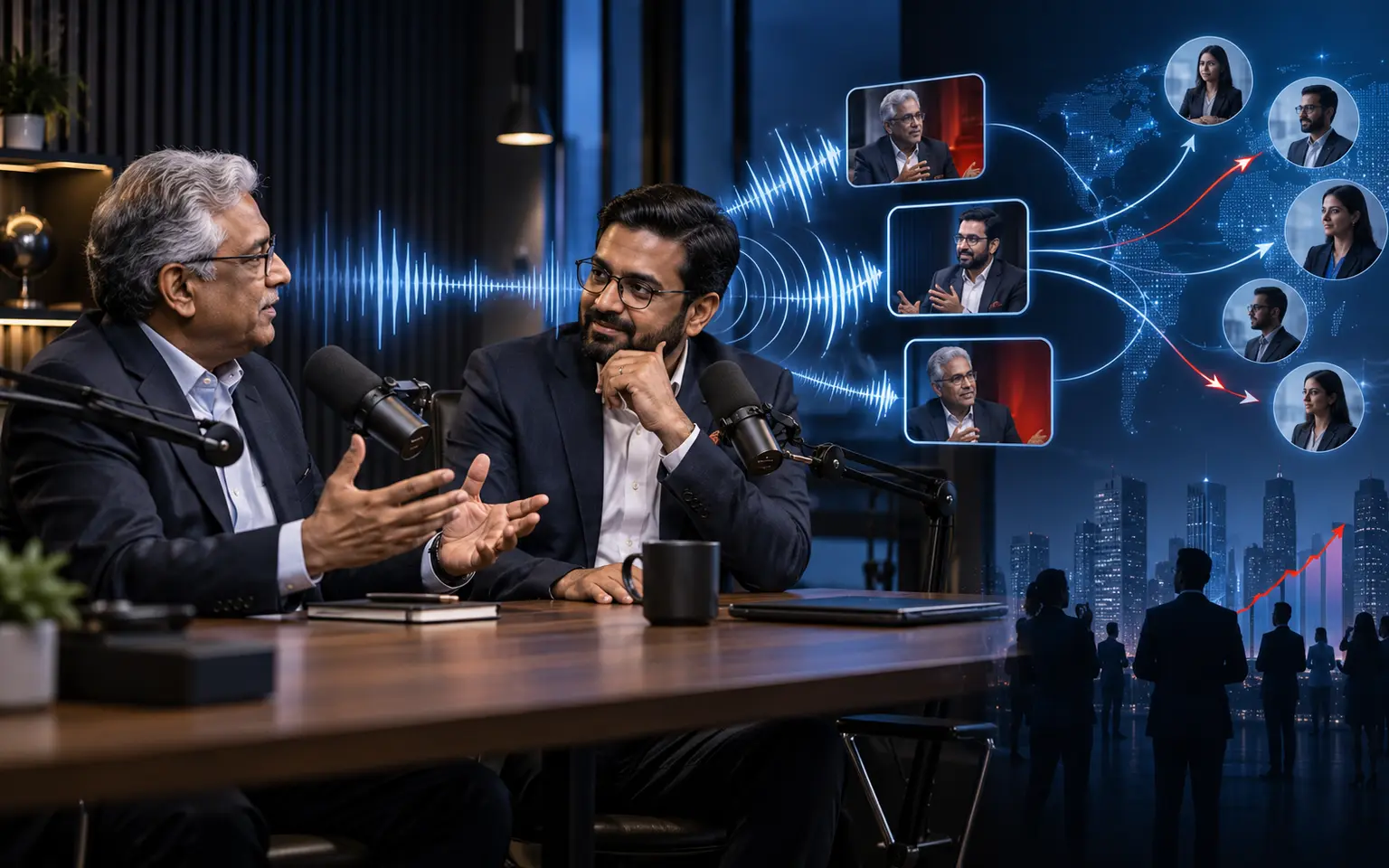 Indian business experts recording a podcast that expands into clips, professional reach and audience growth