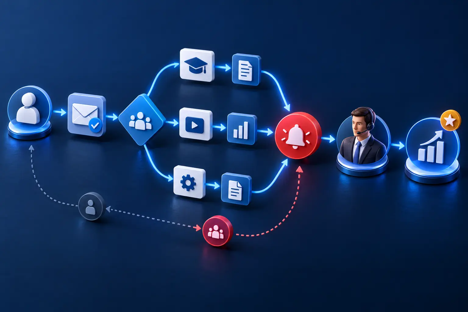 Marketing automation workflow connecting lead capture, scoring, nurture and sales handoff