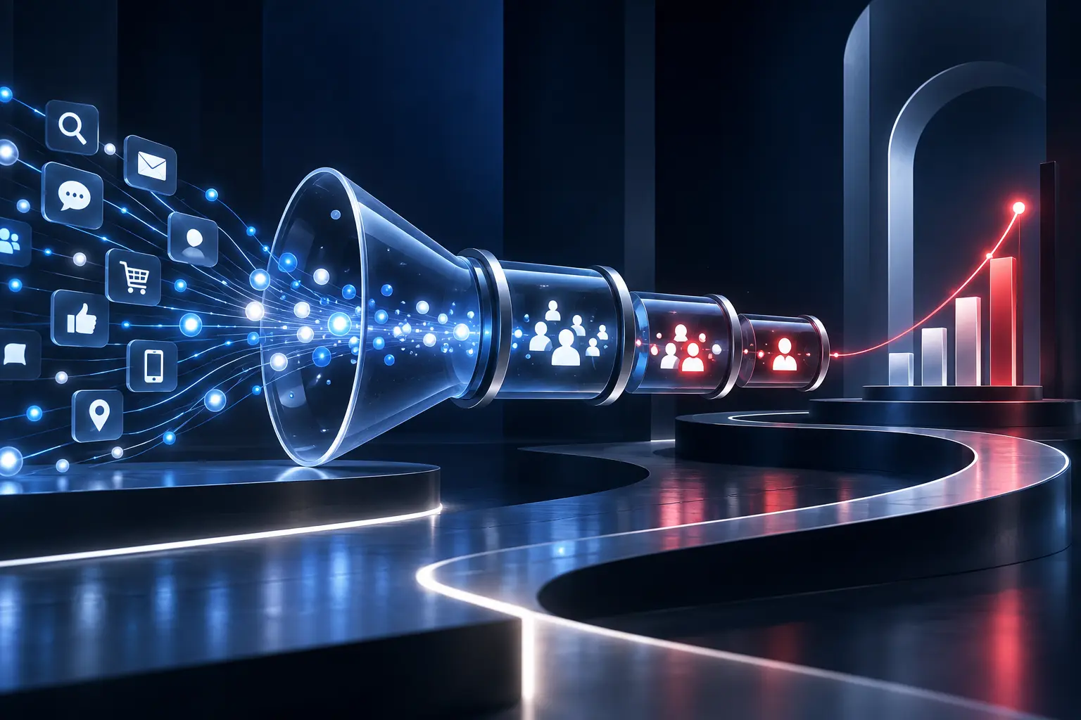 Connected marketing funnel transforming audience signals into customer growth