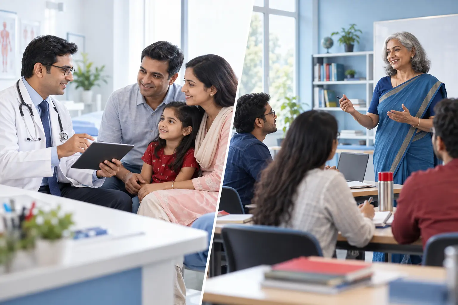 Healthcare and education professionals using modern digital systems