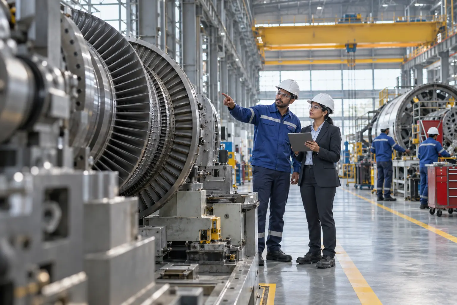 Modern advanced manufacturing facility with engineering teams and precision equipment