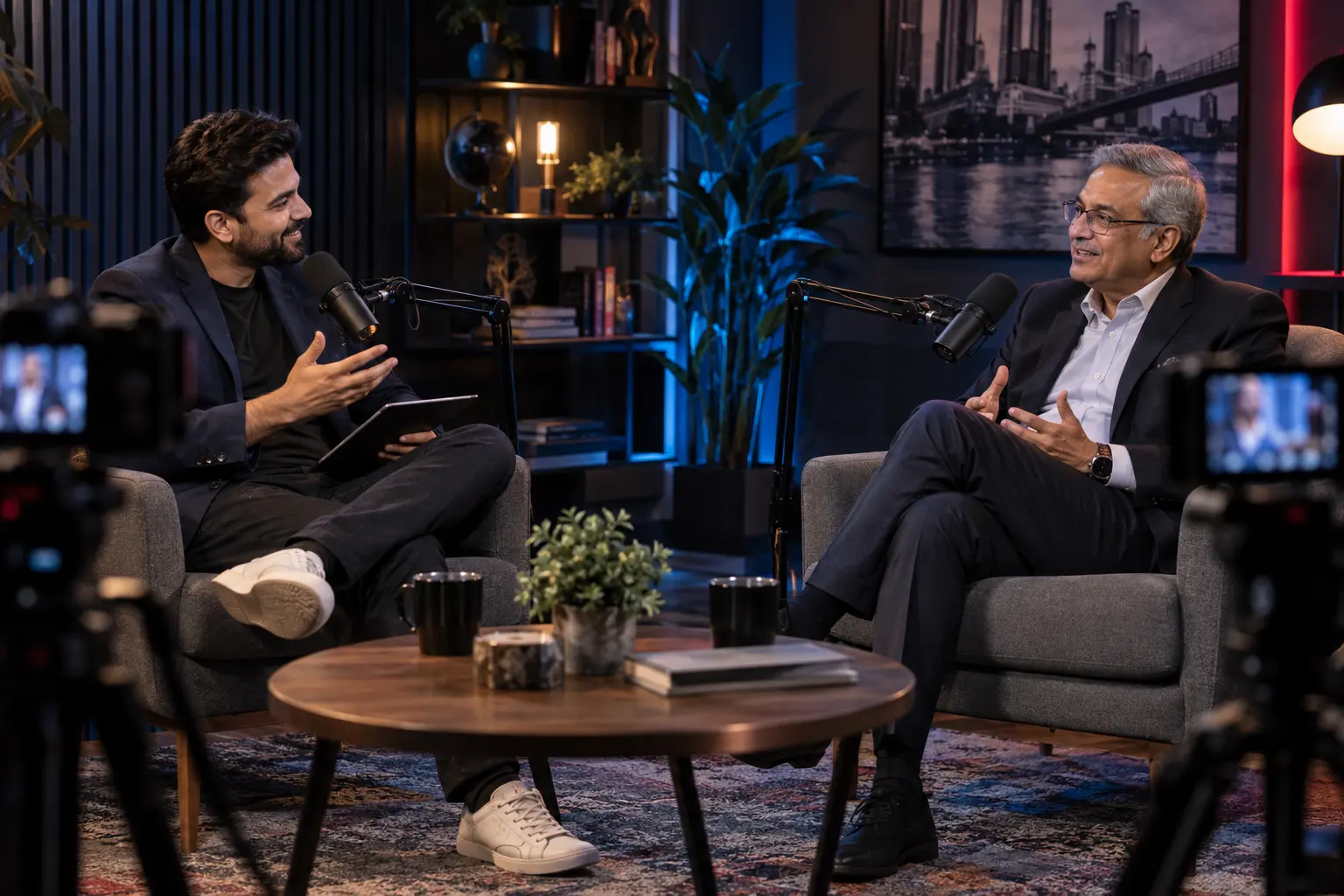 Business leaders recording a professional podcast in a modern studio