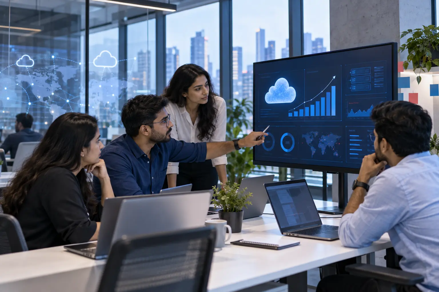 Enterprise software team reviewing a cloud technology platform and growth metrics